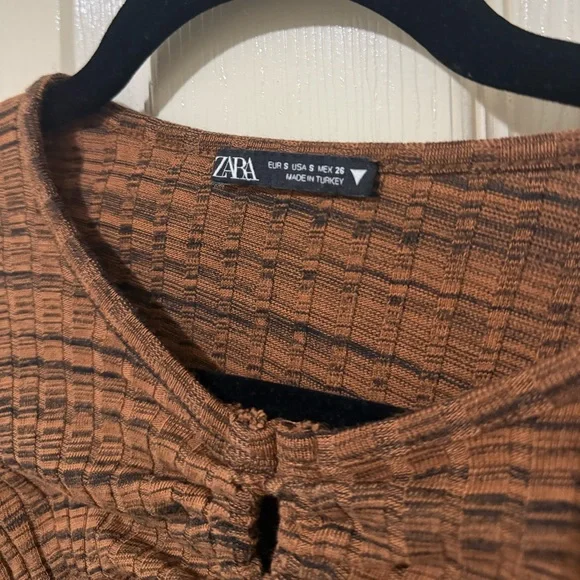 Zara Brown Ruched Cropped Long Sleeve Top | Size S - Picture 6 of 12